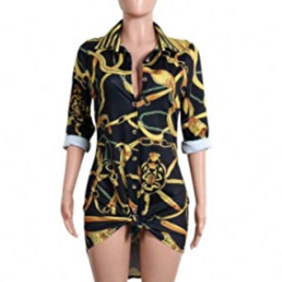 Floral Chain Button Down Collar Long Shirt Dress - Picture 3 of 3